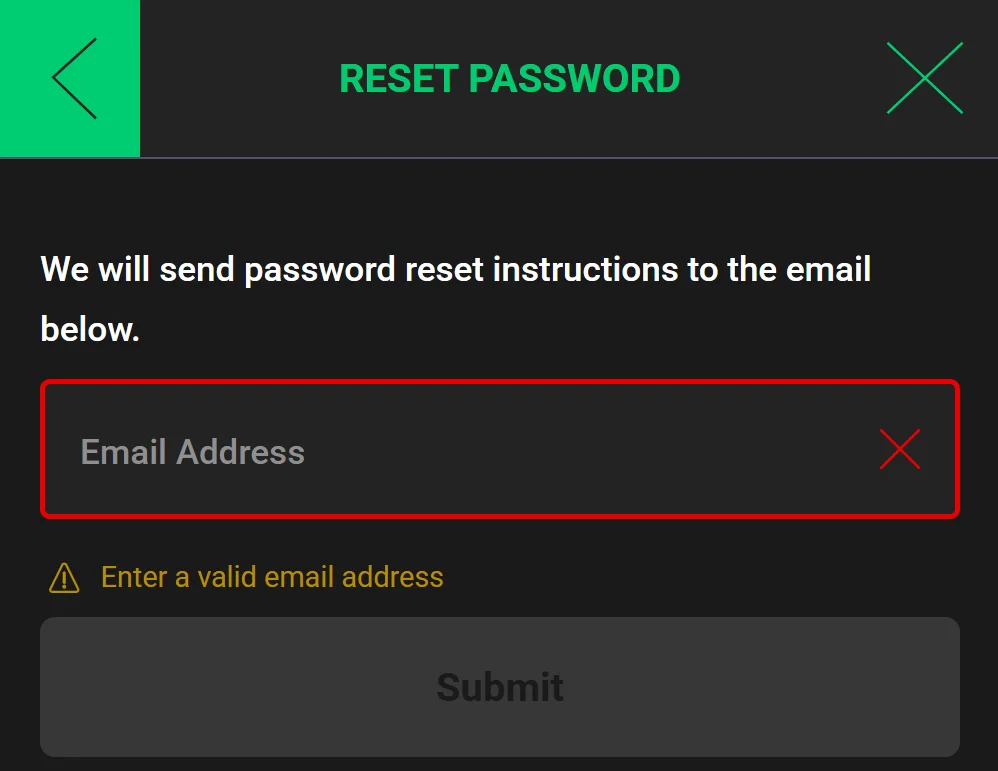 Grosvenor Casino reset password screen
